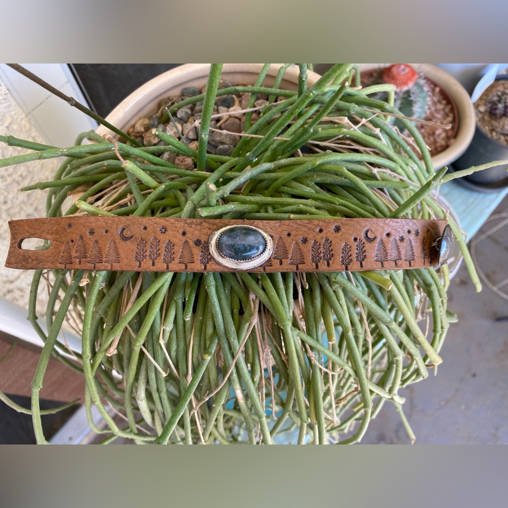 Hand-Tooled Leather Bracelet with Green Stone Accent
